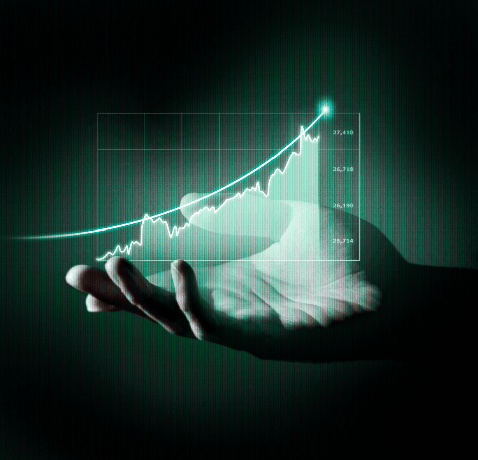 Hand holding a graph chart displaying a rising line, symbolizing growth and compliance in business metrics.